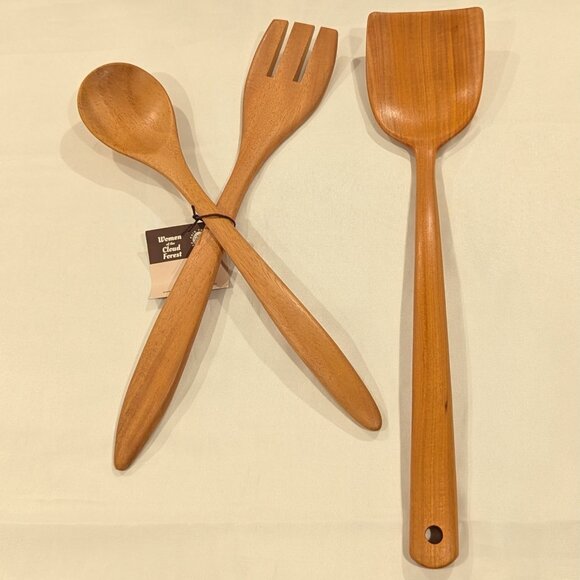 NWT Fair Trade Tropical Hardwood Salad Servers and Cooking Spatula (SET of 3) - Picture 1 of 12